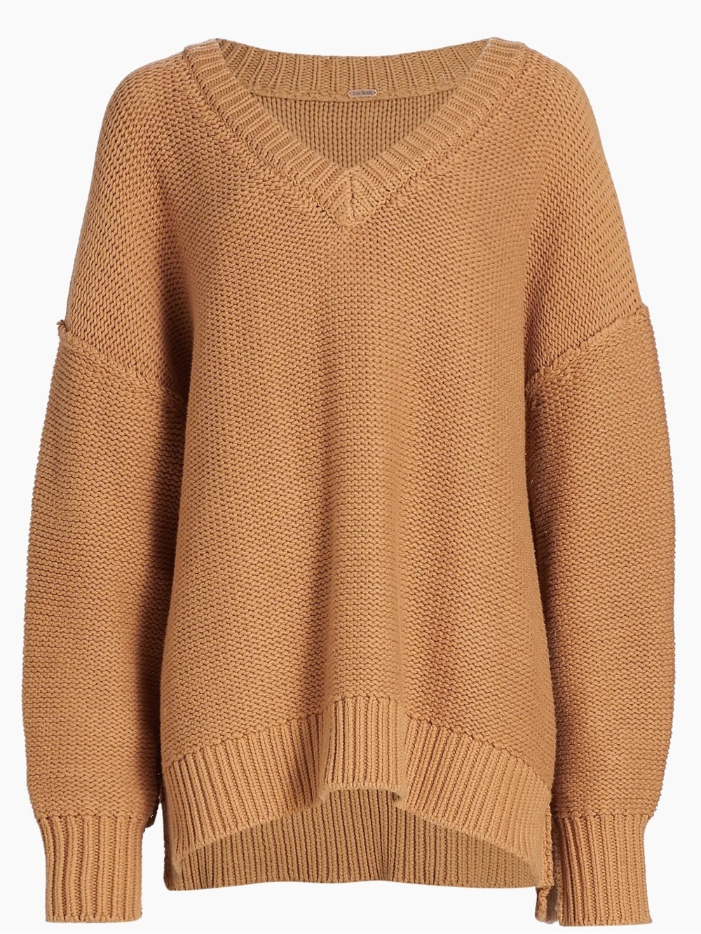 Free People Alli V-Neck Cotton Blend Oversized Sweater Camel Color - Large